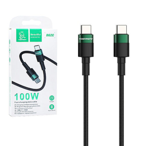 kabel usb typ-c do typ-c pd usb-c denmen czarny oplot 1m d62 100w