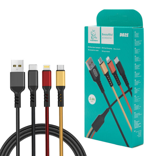 kabel usb 3w1 denmen kolor 2,4a 1m wzmacniany oplot d02e