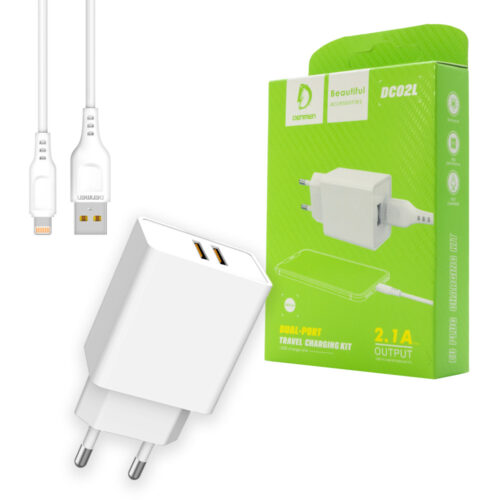 ładowarka sieciowa 2.1a 10w biała denmen 2100ma 2xusb dc02 + kabel iphone white
