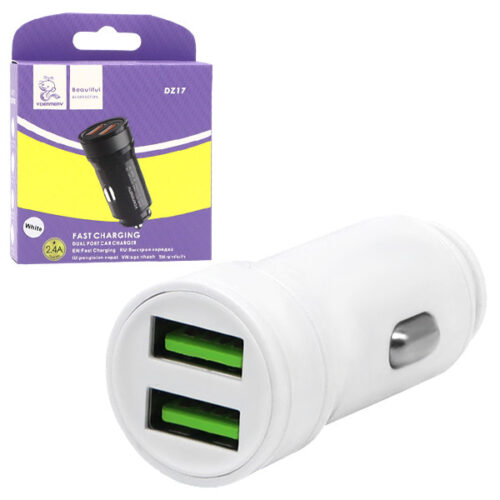 denmen ładowarka samochodowa 2xusb 2.4a 12w biały dz17w