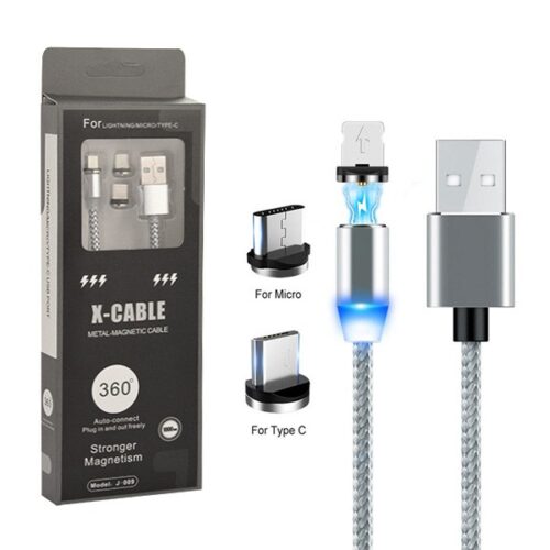ecobox kabel usb 3w1 magnetyczny 360 srebrny iphone micro typ-c
