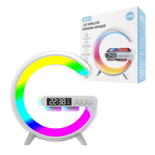 ecobox lampka nocna led ładowarka indukcyjna qi głośnik zegar budzik rgb duża