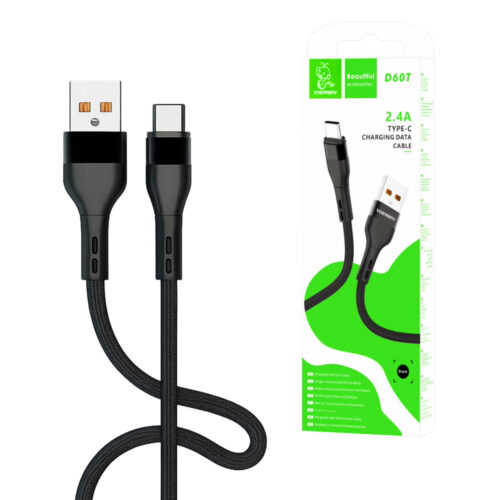 denmen kabel usb - typ-c 2.4a 60w czarny oplot d60t-b