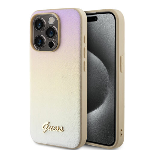 guess pu leather iridescent metal script case do iphone 15 pro złoty