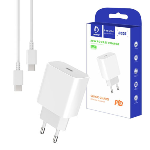 denmen ładowarka sieciowa 3,6a 20w biała denmen + kabel typ-c do typ-c 1m