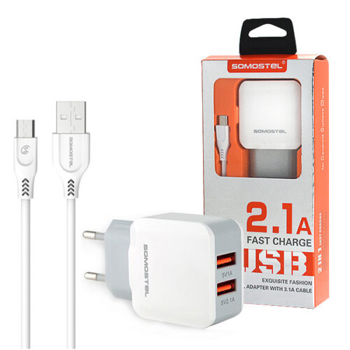 somostel ładowarka sieciowa 2xusb + kabel usb - microusb 2.1a 10w 1m biały sms-a13