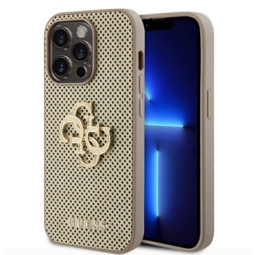 guess pu perforated 4g glitter metal logo case for iphone 14 pro max złoty