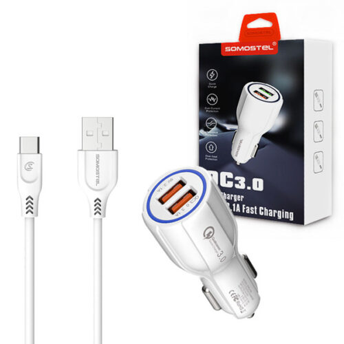 somostel ładowarka samochodowa 2xusb + kabel usb - lightning 3a+2a 3100ma + 2100ma 1m quick charge qc3.0 biały
