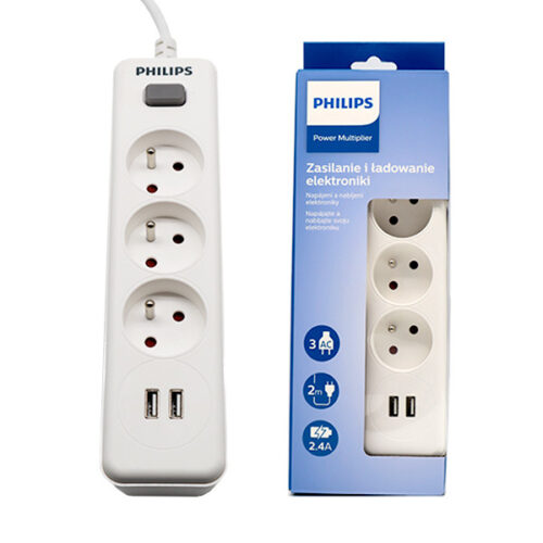 przedłużacz sieciowy philips listwa zasilająca przepięciowa biała 3 gniazda 2xusb 2m spn3032wa/60