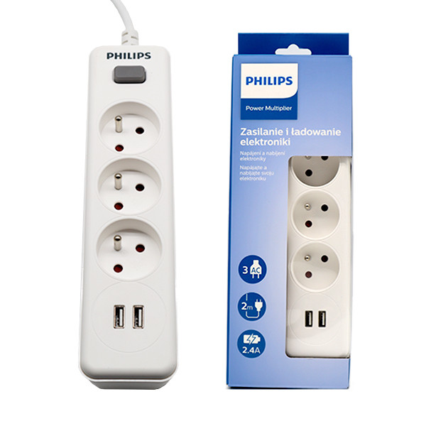 przedłużacz sieciowy philips listwa zasilająca przepięciowa biała 3 gniazda 2xusb 2m spn3032wa/60