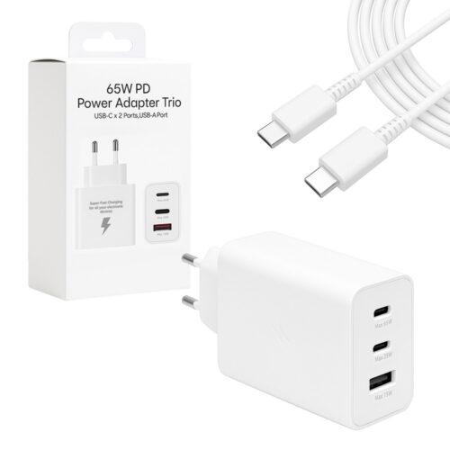 ecobox ładowarka sieciowa 65w białe 2xtyp-c oraz usb-a + kabel usb pd typ-c do typ-c 3a biały 1m