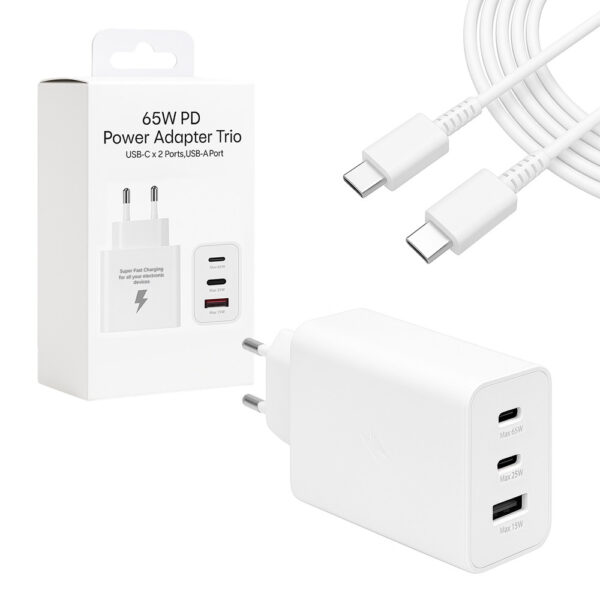 ecobox ładowarka sieciowa 65w białe 2xtyp-c oraz usb-a + kabel usb pd typ-c do typ-c 3a biały 1m