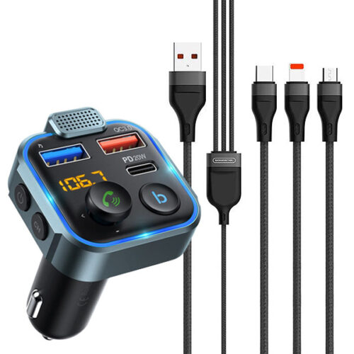 zestaw ecobox transmiter fm 12/24 v bluetooth 2 x usb + pd 20w + kabel usb 3w1 czarny 2,4a