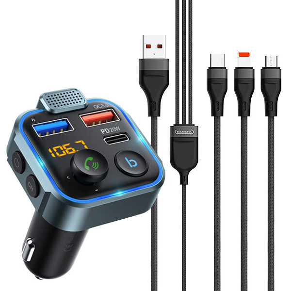 zestaw ecobox transmiter fm 12/24 v bluetooth 2 x usb + pd 20w + kabel usb 3w1 czarny 2,4a