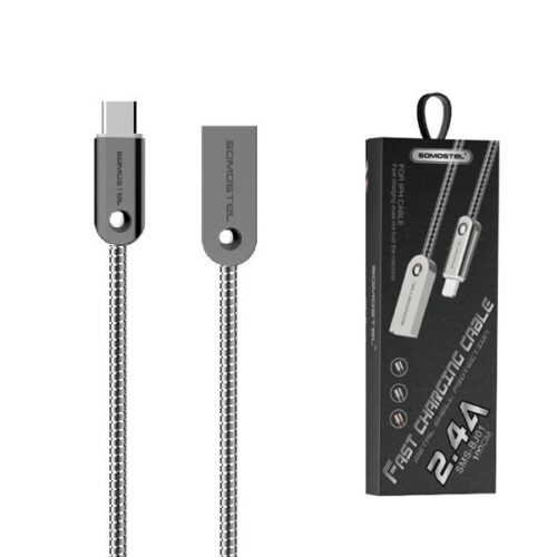 kabel usb typ-c 2.4a somostel srebrny 2400mah quick charger qc 3.0 1m powerline sms-bj01 usb-c metal