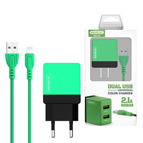 ładowarka sieciowa 2a + kabel iphone zielona somostel 2100ma 2xusb dual sms-a53