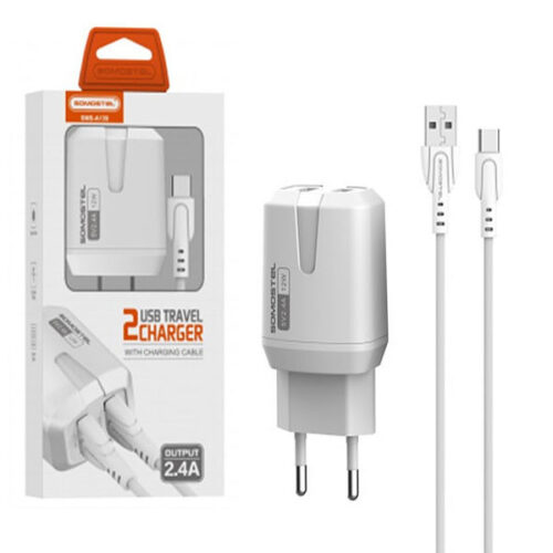 somostel ładowarka sieciowa 2xusb + kabel usb - typ-c 2.4a 12w 1m biały sms-a139