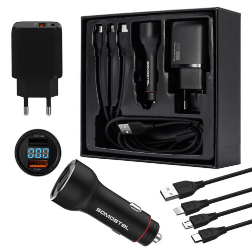somostel ładowarka sieciowa + kabel usb - typ-c / microusb / lightning 1m czarny sms-sm02