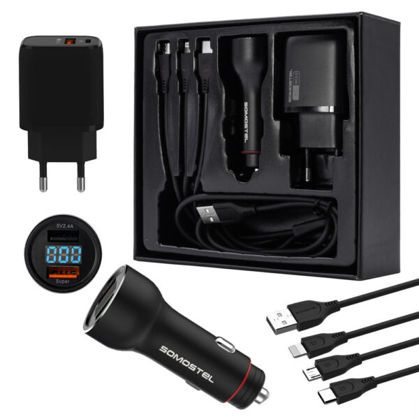 somostel ładowarka sieciowa + kabel usb - typ-c / microusb / lightning 1m czarny sms-sm02