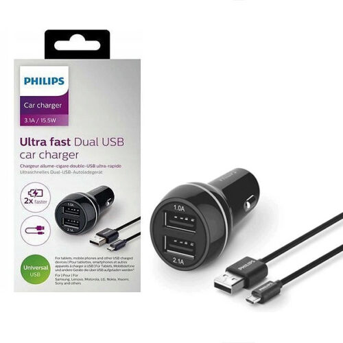 ładowarka samochodowa 2a+1a czarna philips + kabel micro usb 3100ma 2xusb dual 15.5w quick charge dlp2357u/10