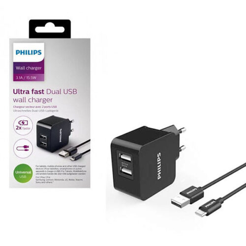 ładowarka sieciowa 3a 15,5w czarna philips + kabel typ-c usb-c 3100ma 2xusb dual quick charge phil-dlp2307a/12