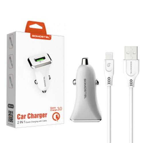 somostel ładowarka samochodowa usb + kabel usb - lightning 3.1a 1m quick charge qc3.0 biały sms-a43