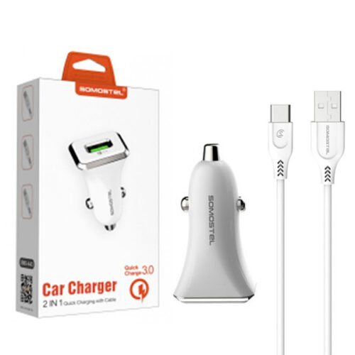 somostel ładowarka samochodowa usb + kabel usb - typ-c 3a 1m quick charge qc3.0 biały sms-a43