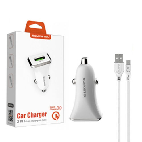 somostel ładowarka samochodowa usb + kabel usb - microusb 3.1a 18w 1m quick charge qc3.0 biały sms-a43
