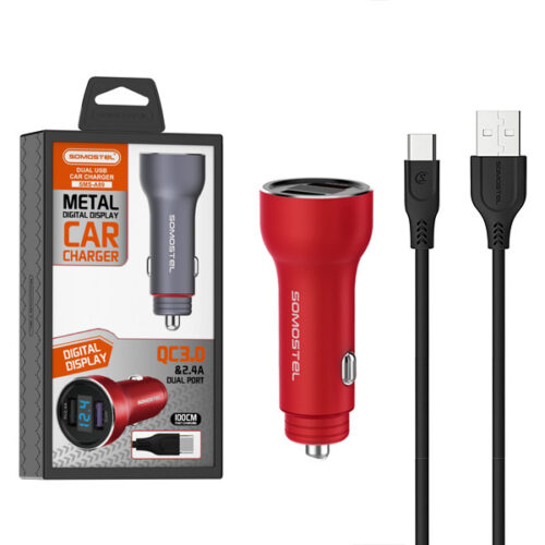 somostel ładowarka samochodowa 2xusb + kabel usb - lightning 5a 1m quick charge qc3.0 czerwony aluminium sms-a89