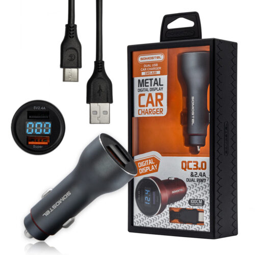 somostel ładowarka samochodowa 2xusb + kabel usb - lightning 5a 1m quick charge qc3.0 szary aluminium sms-a89