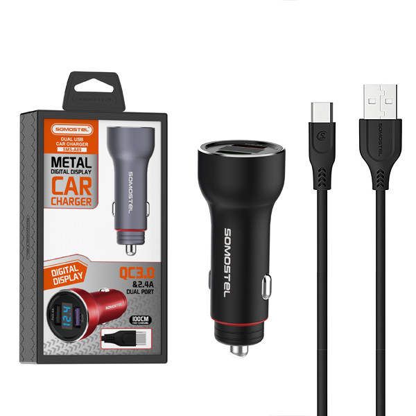 somostel ładowarka samochodowa 2xusb + kabel usb - lightning 5a 1m quick charge qc3.0 czarny aluminium