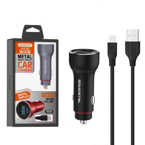somostel ładowarka samochodowa 2xusb + kabel usb - lightning 5a 1m quick charge qc3.0 czarny aluminium sms-a89