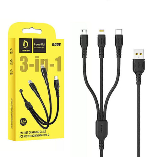 denmen kabel 3w1 usb - typ-c / microusb / lightning 2.4a 1m quick charge qc3.0 czarny