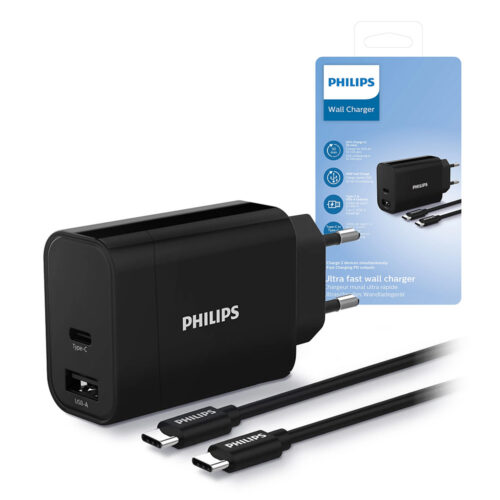 ładowarka philips 30w usb-a + usb-c pd qc + kabel 1m typ- c na typ- c pd phil-dlp2621c/12