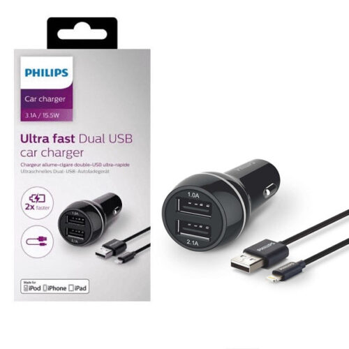 ładowarka samochodowa 2a+1a czarna philips + kabel iphone mfi 3100ma 2xusb dual 15.5w quick charge phil-dlp2357v/10