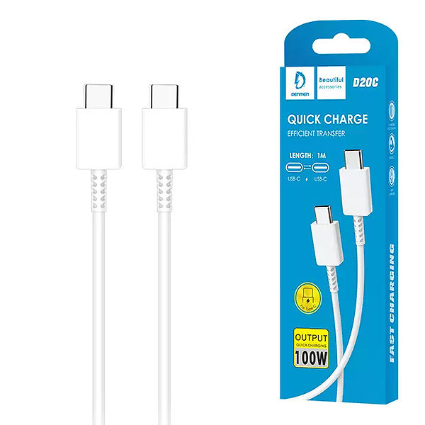 kabel usb typ-c do typ-c pd usb-c 3,6a denmen biały 1m d20c 100w
