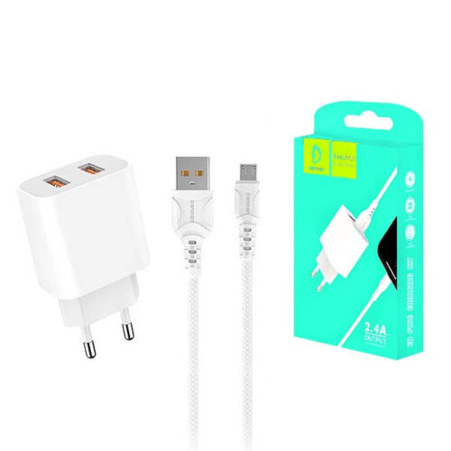 ładowarka sieciowa 2.4a + kabel usb iphone biała denmen 2xusb 2400ma dc05 12w
