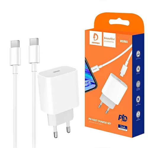 denmen ładowarka sieciowa dc06 typ-c + kabel typ-c - typ-c 3.6a 20w 1m power delivery pd biały