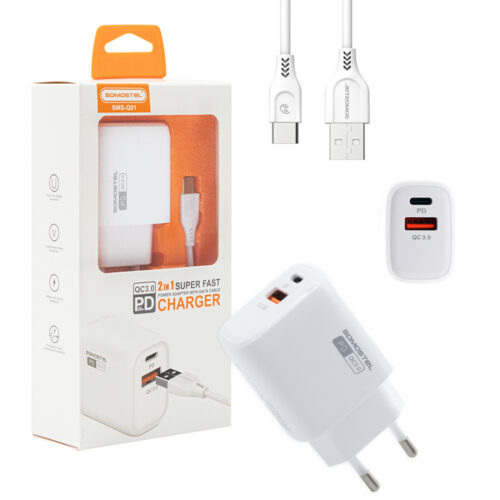 somostel ładowarka sieciowa usb+typ-c + kabel typ-c - usb 3a 20w 1m power delivery pd+qc3.0 biały sms-q01