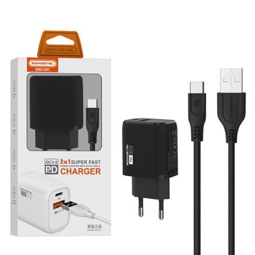 somostel ładowarka sieciowa usb+typ-c + kabel typ-c - typ-c 3a 18w 1m power delivery pd+qc3.0 czarny sms-q01