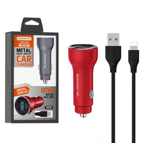 somostel ładowarka samochodowa 2xusb + kabel usb - lightning 5a 1m quick charge qc3.0 czerwony aluminium sms-a89