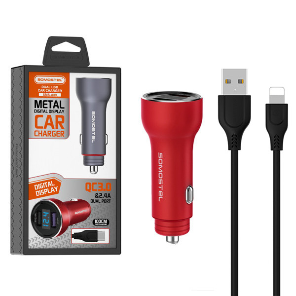 somostel ładowarka samochodowa 2xusb + kabel usb - lightning 5a 1m quick charge qc3.0 czerwony aluminium sms-a89