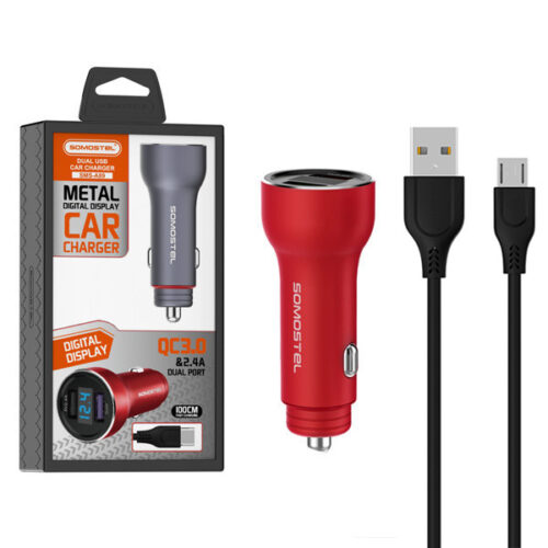 somostel ładowarka samochodowa 2xusb + kabel usb - microusb 5a 1m quick charge qc3.0 czerwony aluminium sms-a89