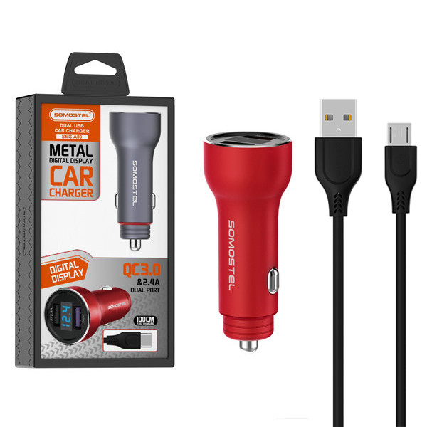 somostel ładowarka samochodowa 2xusb + kabel usb - microusb 5a 1m quick charge qc3.0 czerwony aluminium sms-a89