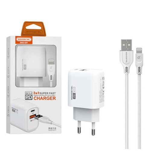somostel ładowarka sieciowa usb+typ-c + kabel typ-c - lightning 3a 18w 1m power delivery pd+qc3.0 biały sms-q01