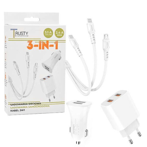 ładowarka sieciowa 2.4a + kabel usb 3w1 + ładowarka samochodowa 3,1a biała trusty tr-ch01