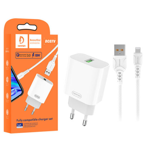 denmen ładowarka sieciowa do iphone usb + kabel usb - typ-c 3.6a 18w 1m quick charge qc3.0 biały