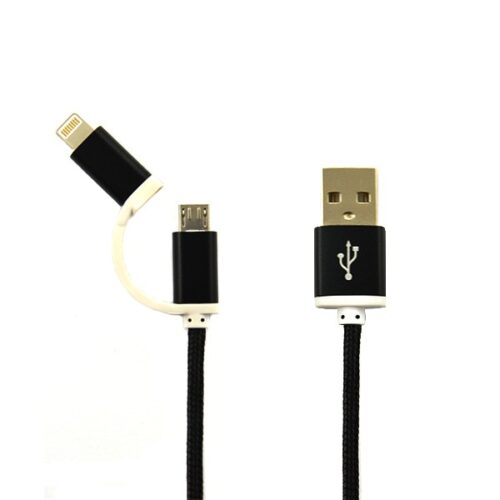 economy kabel usb nylon czarny lightning + micro usb 2w1