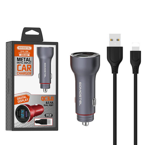 somostel ładowarka samochodowa 2xusb + kabel usb - lightning 5a 1m quick charge qc3.0 srebrny aluminium sms-a89