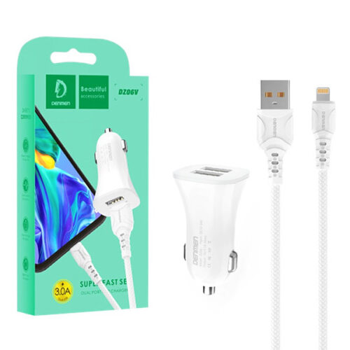 denmen ładowarka samochodowa 2xusb + kabel usb - lightning 3.1a 15w 1m qc3.0 biały dz06lb